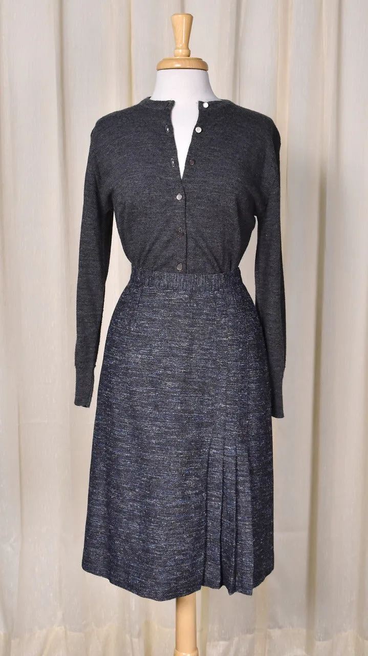 1970s Vintage Gray & Blue Wool Pleat Pencil Skirt
