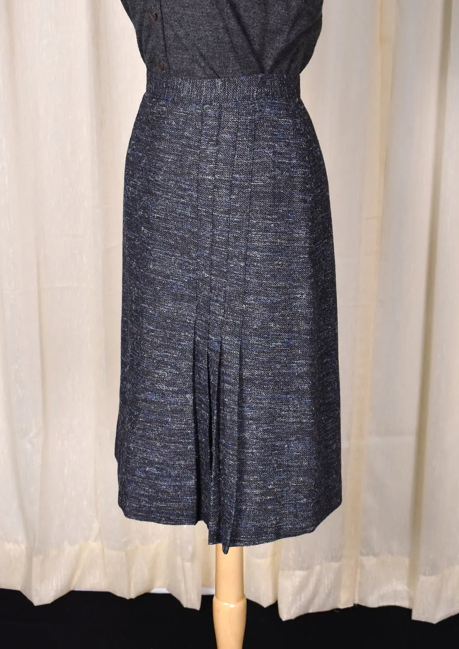 1970s Vintage Gray & Blue Wool Pleat Pencil Skirt