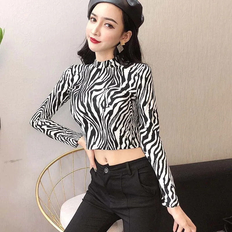2019 New Fashion Sexy High Street Ladies Zebra Leopard Animal Print Shirts Women Turtleneck Long Sleeve Stretch Zebra Female Top