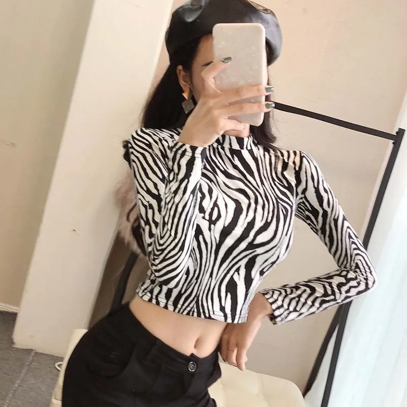 2019 New Fashion Sexy High Street Ladies Zebra Leopard Animal Print Shirts Women Turtleneck Long Sleeve Stretch Zebra Female Top