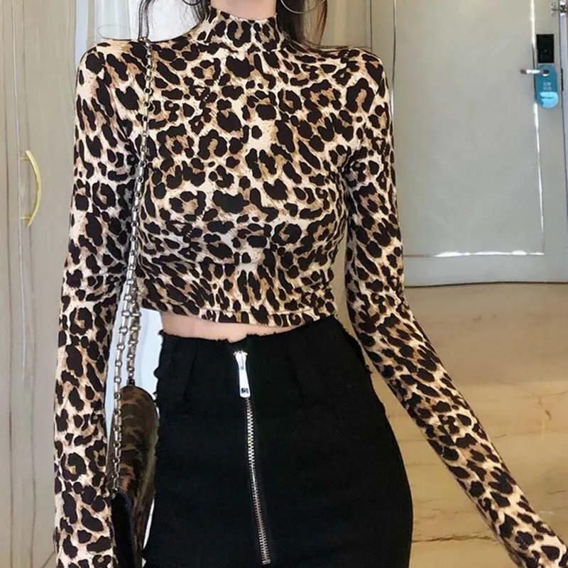 2019 New Fashion Sexy High Street Ladies Zebra Leopard Animal Print Shirts Women Turtleneck Long Sleeve Stretch Zebra Female Top