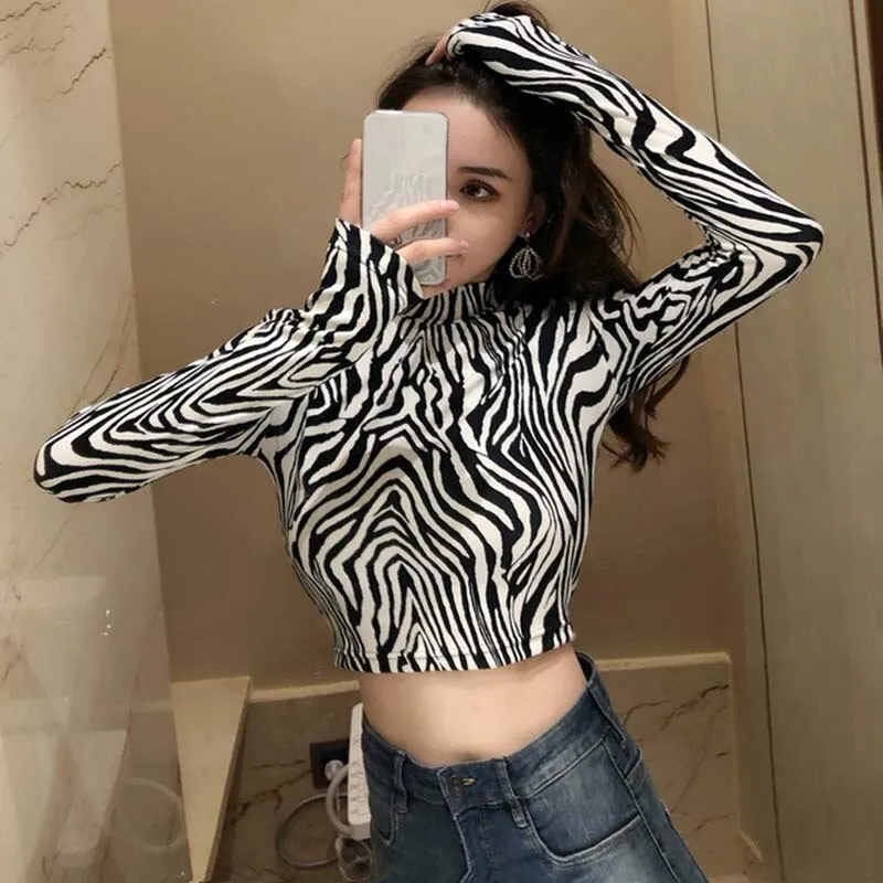 2019 New Fashion Sexy High Street Ladies Zebra Leopard Animal Print Shirts Women Turtleneck Long Sleeve Stretch Zebra Female Top
