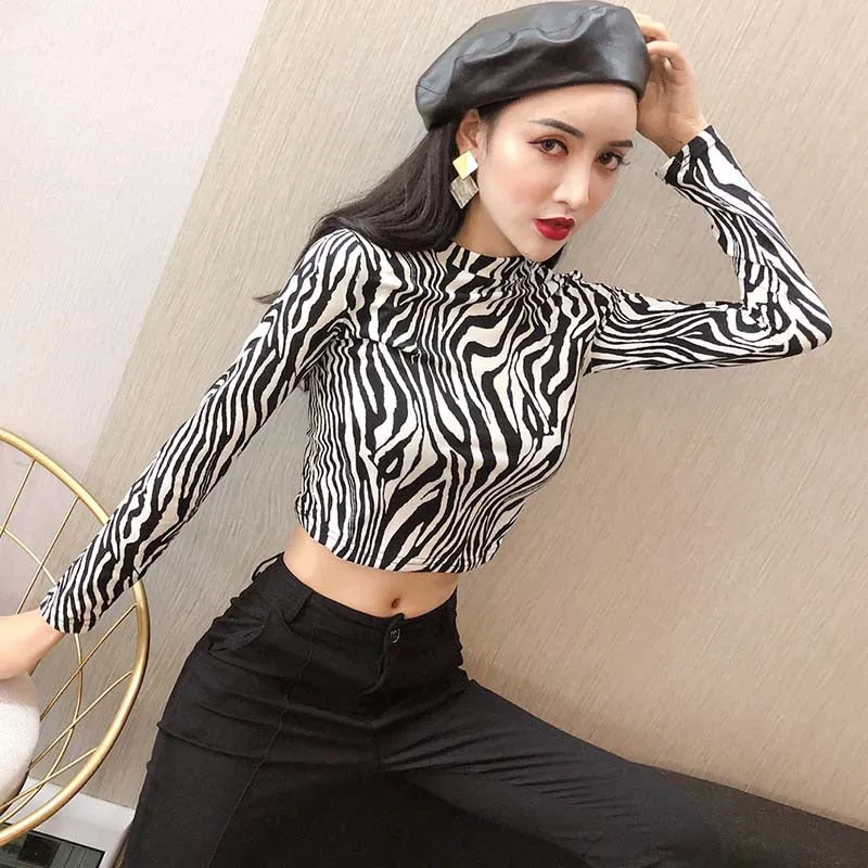2019 New Fashion Sexy High Street Ladies Zebra Leopard Animal Print Shirts Women Turtleneck Long Sleeve Stretch Zebra Female Top