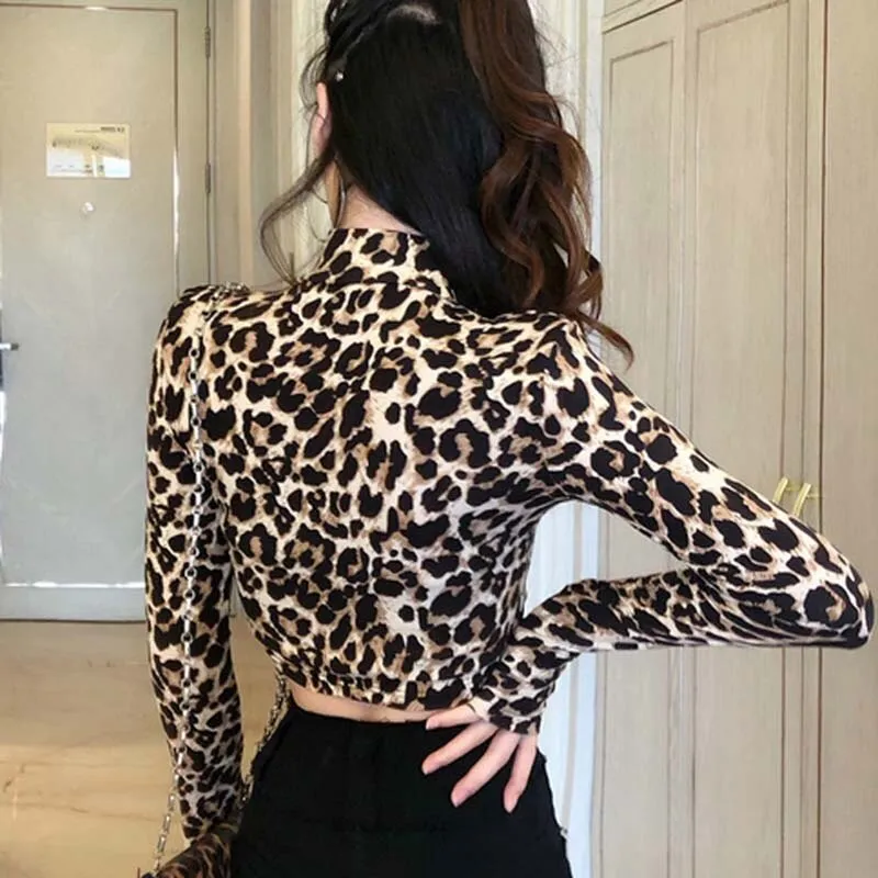 2019 New Fashion Sexy High Street Ladies Zebra Leopard Animal Print Shirts Women Turtleneck Long Sleeve Stretch Zebra Female Top