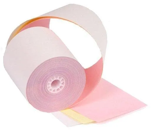 3" x 67' 3-Ply Carbonless Paper (50 rolls/case) - White / Canary / Pink