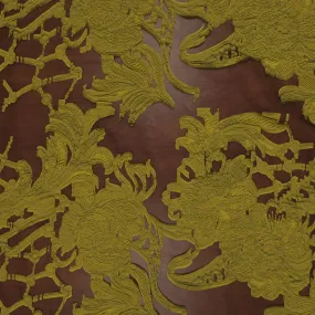 Citron Green on Black Sheer Organza Abstract Textured Brocade Fabric