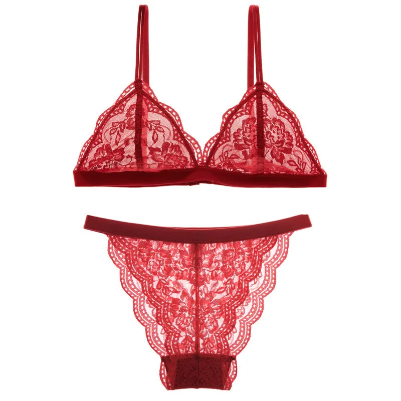 French style non-wired triangular cup bra, ultra-thin comfortable underwear, sexy lace thin bralette underwear set