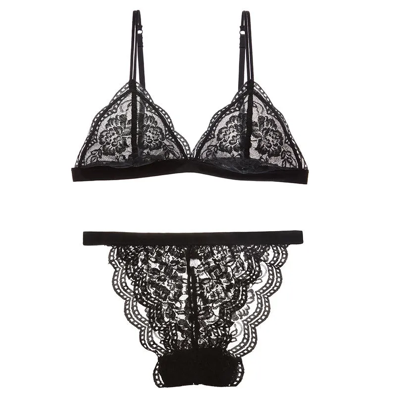 French style non-wired triangular cup bra, ultra-thin comfortable underwear, sexy lace thin bralette underwear set