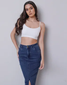 Front Cut Denim Midi Skirt