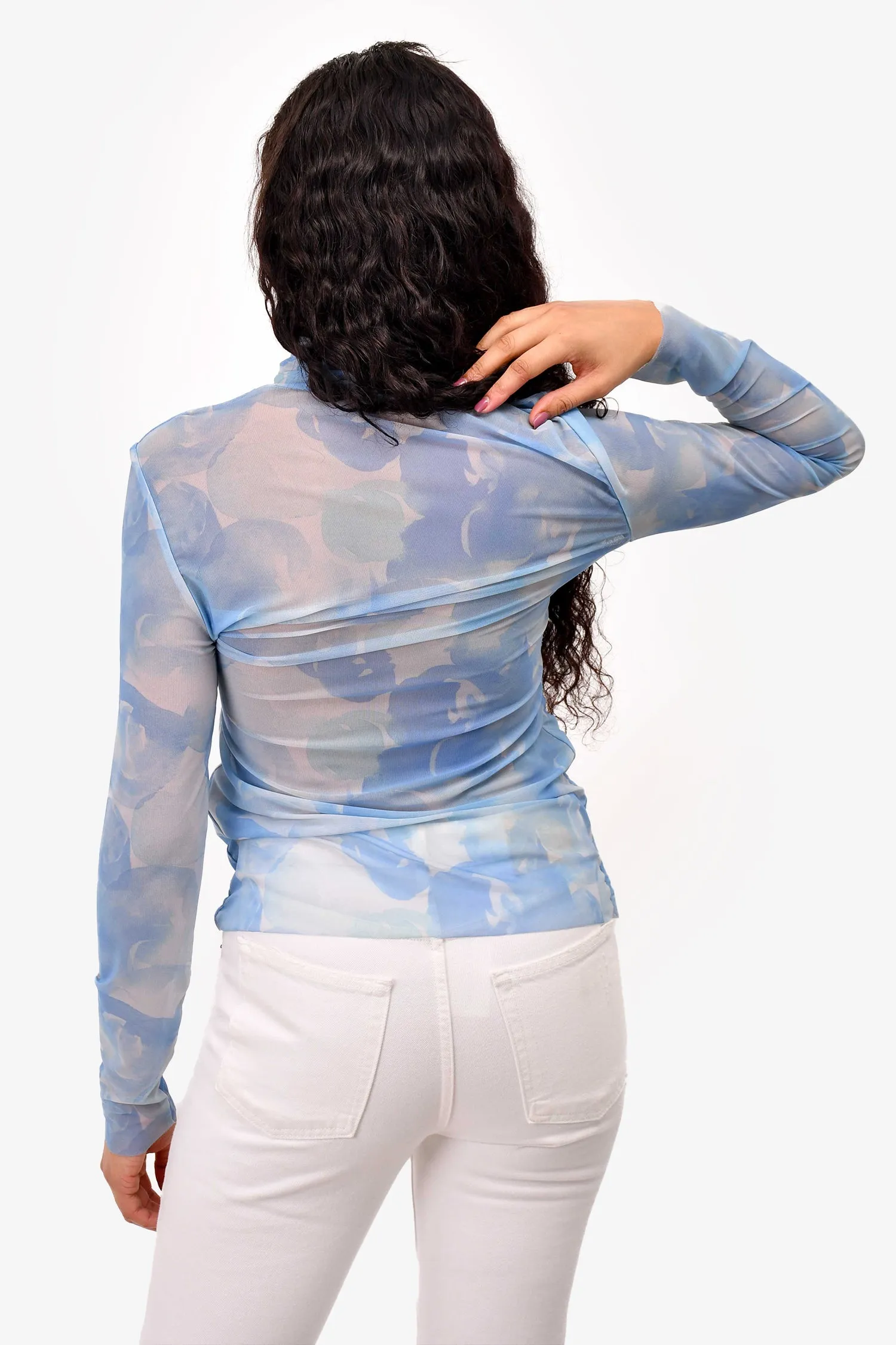 Ganni Blue Printed Mesh Turtleneck Top Size 40
