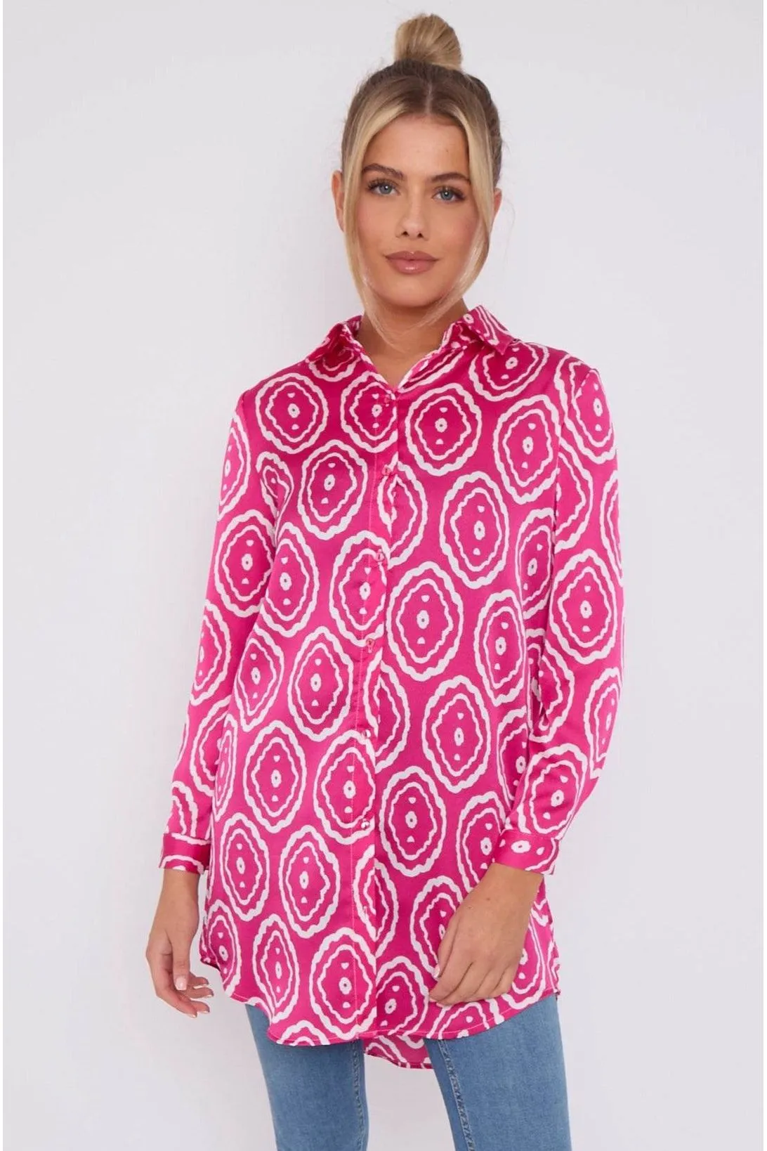 LOVE SUNSHINE Pink Tribe Print Bubble Satin Long Shirt