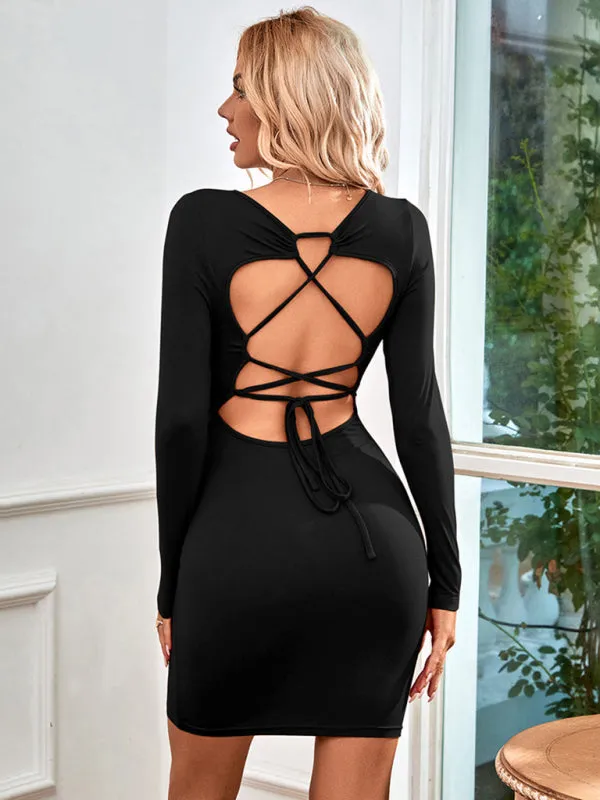 Solid Square Neck Backless Bodycon Dress with Long Sleeves