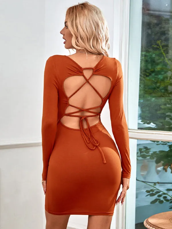 Solid Square Neck Backless Bodycon Dress with Long Sleeves