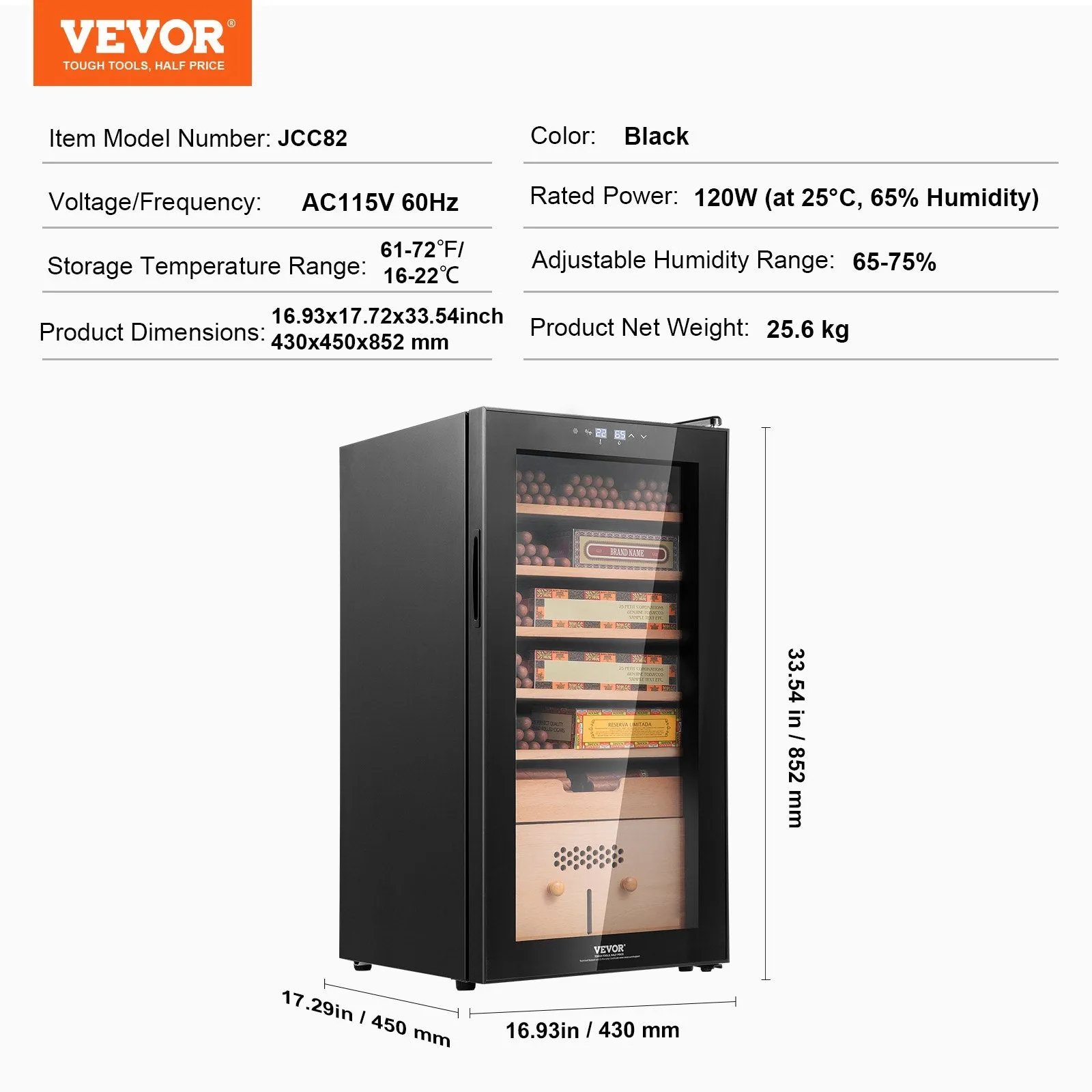 Vevor Electric Cigar Humidor 16.9" x 17.2" x 33.5" Cooling Heating and Humidity Control 6-Layer Holds 500 Cigars New