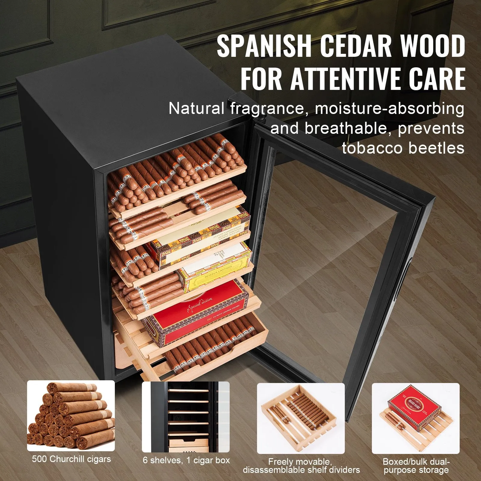 Vevor Electric Cigar Humidor 16.9" x 17.2" x 33.5" Cooling Heating and Humidity Control 6-Layer Holds 500 Cigars New