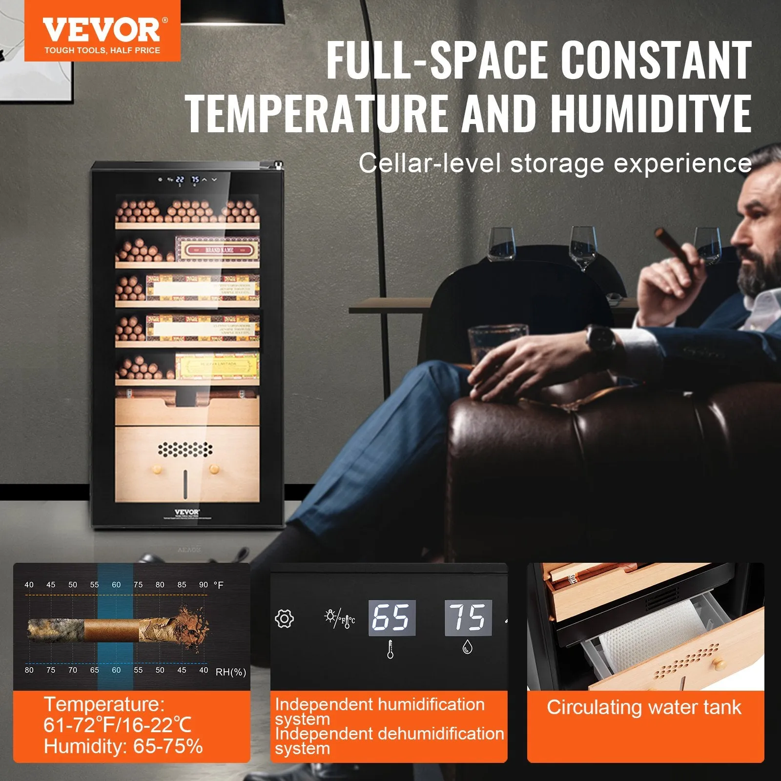 Vevor Electric Cigar Humidor 16.9" x 17.2" x 33.5" Cooling Heating and Humidity Control 6-Layer Holds 500 Cigars New